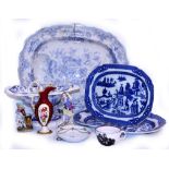 A SELECTION OF ENGLISH BLUE AND WHITE CHINA to include a large dish, tazza, luster cup, saucer,