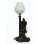 A CAST METAL BRONZED TABLE LAMP in the form of a Dutch girl collecting water from a stream 55cm