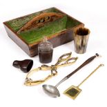 A VICTORIAN PINE TWO SECTION CUTLERY TRAY together with a horn beaker, a leather covered flask