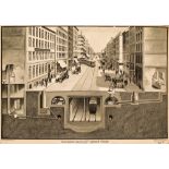 AN EARLY 20TH CENTURY GERMAN EDUCATIONAL POSTER depicting a cross section through a city street,