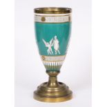 A VICTORIAN POTTERY AND BRASS OIL LAMP BASE with turquoise ground and classical figures playing