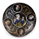 A SMALL POSSIBLY EARLY 17TH CENTURY LIMOGE ENAMEL DISH with decoration of classical figures and
