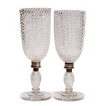 A PAIR OF 19TH CENTURY HOBNAIL CUT STORM CANDLE LAMPS each of tall bowl form and on a subtle stem