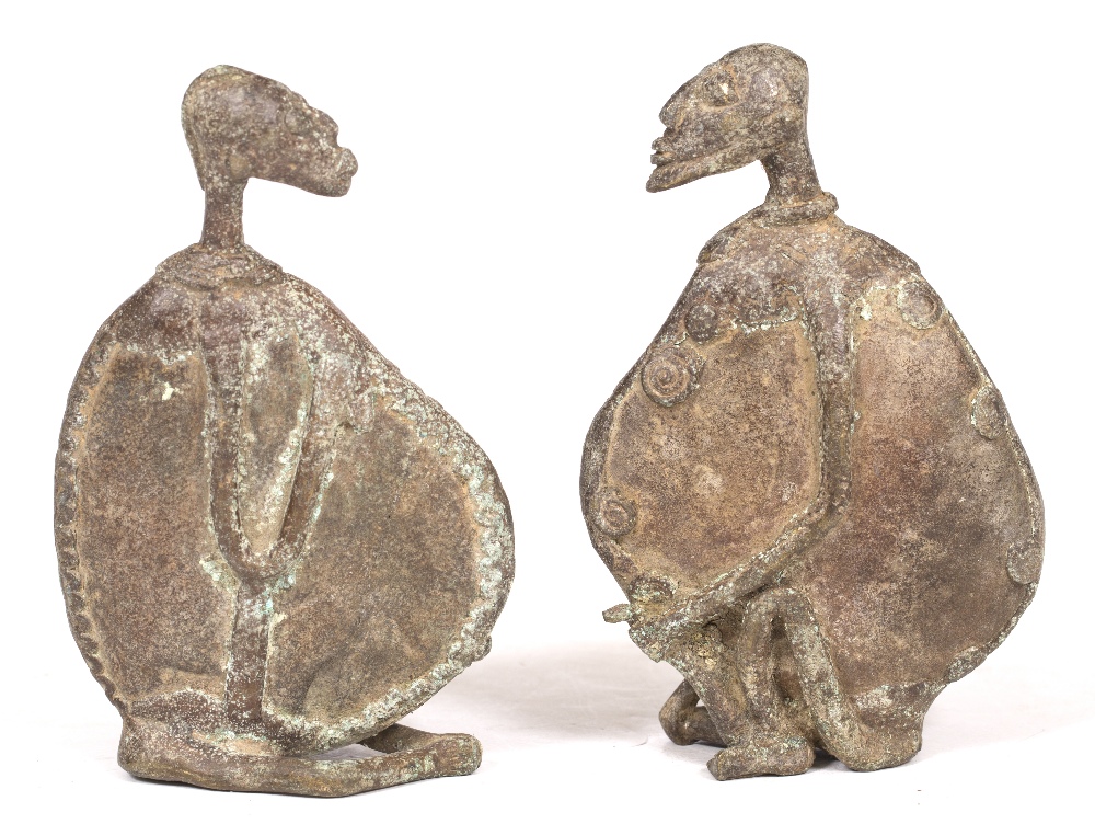 A PAIR OF TOGO CAST BRASS METAL FIGURES of abstract form, 15cm high (2)