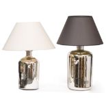 TWO SIMILAR SILVERED GLASS CYLINDRICAL TABLE LAMPS the larger 46cm high to the top of the fitting,