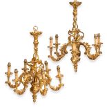 A PAIR OF 18TH CENTURY STYLE GILT SIX BRANCH CHANDELIERS OR ELECTROLIERS with moulded acanthus