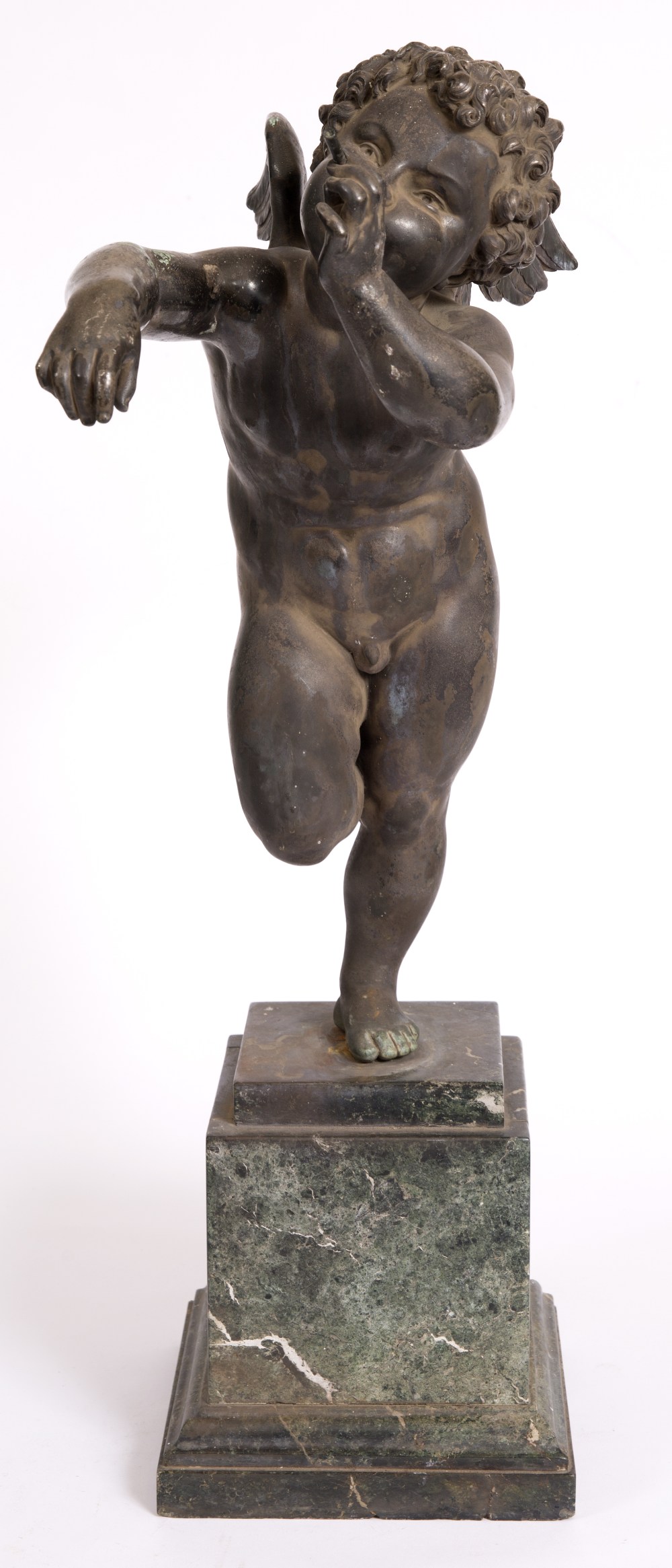 A 19TH CENTURY BRONZE SCULPTURE of Cupid blowing bubbles, mounted on a green marble plinth base 66cm - Image 3 of 7