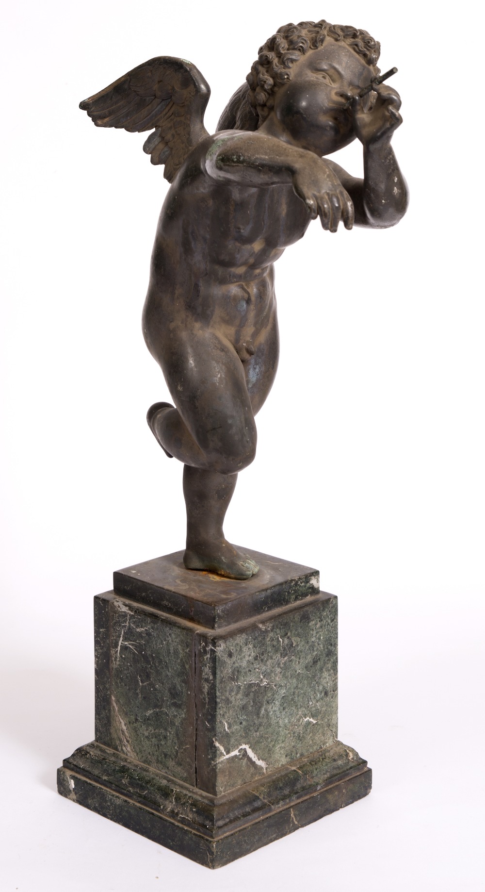 A 19TH CENTURY BRONZE SCULPTURE of Cupid blowing bubbles, mounted on a green marble plinth base 66cm - Image 7 of 7