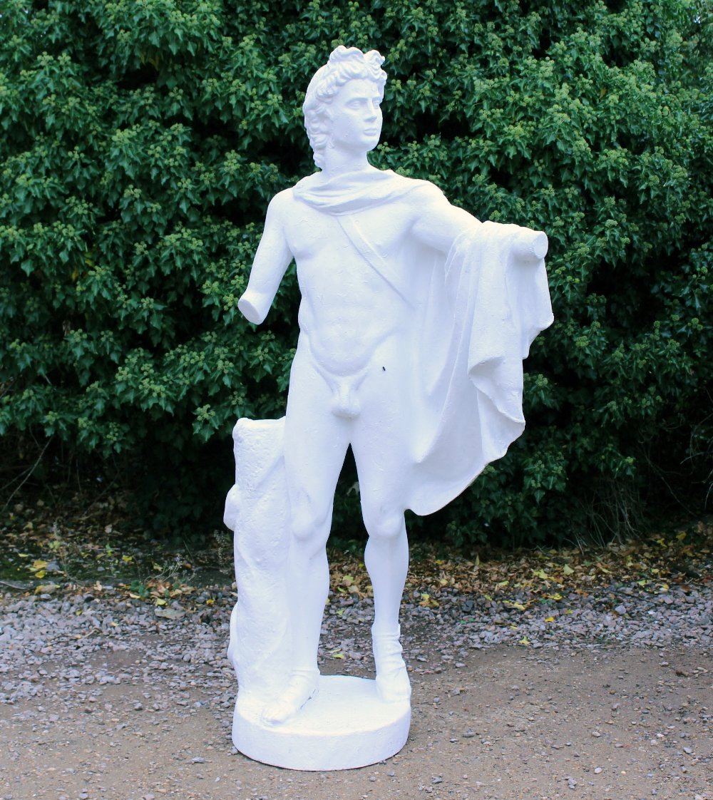 A CONTEMPORARY FIBREGLASS SCULPTURE or figure group of a standing male 193cm high x 90cm wide