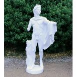 A CONTEMPORARY FIBREGLASS SCULPTURE or figure group of a standing male 193cm high x 90cm wide