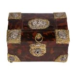 A 17TH CENTURY FLEMISH GILT METAL AND WHITE METAL MOUNTED TORTOISESHELL CASKET with a rectangular