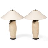 A PAIR OF CRACKLE GLAZE POTTERY TABLE LAMPS with bronzed metal mounts and shallow conical shades