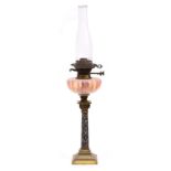A 19TH CENTURY CHAMPLEVE ENAMELLED DECORATED BRASS OIL LAMP BASE with peach coloured glass
