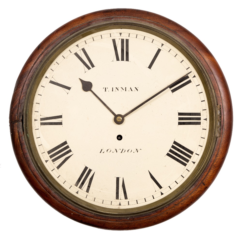 A 19TH CENTURY MAHOGANY CASED DIAL CLOCK with fusee movement, the painted dial signed T. Inman,