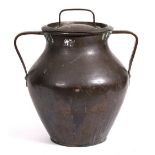 AN OLD HEAVY COPPER COOKING POT and cover with riveted loop handles and tinned interior 34cm