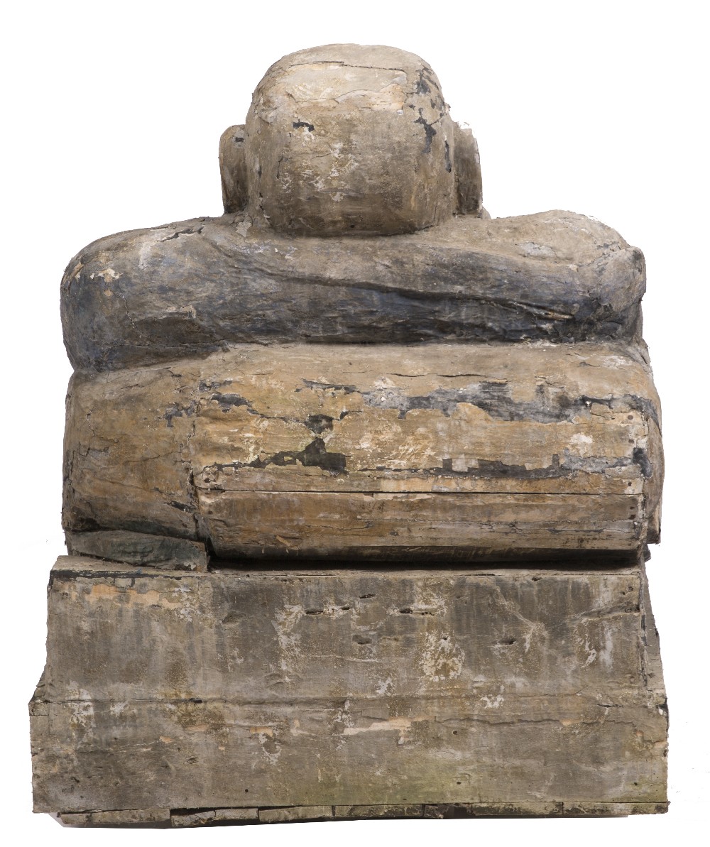 A LARGE CARVED GESSO AND PAINTED SCULPTURE depicting a laughing budda (losses and damages), 105. - Image 6 of 6