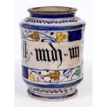 AN ITALIAN RENAISSANCE TIN GLAZED CYLINDRICAL DRY DRUG JAR c.1500 with Gothic script and bands of