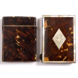 TWO 19TH CENTURY TORTOISESHELL AND MOTHER OF PEARL INLAID CARD CASES one with engraved lozenge