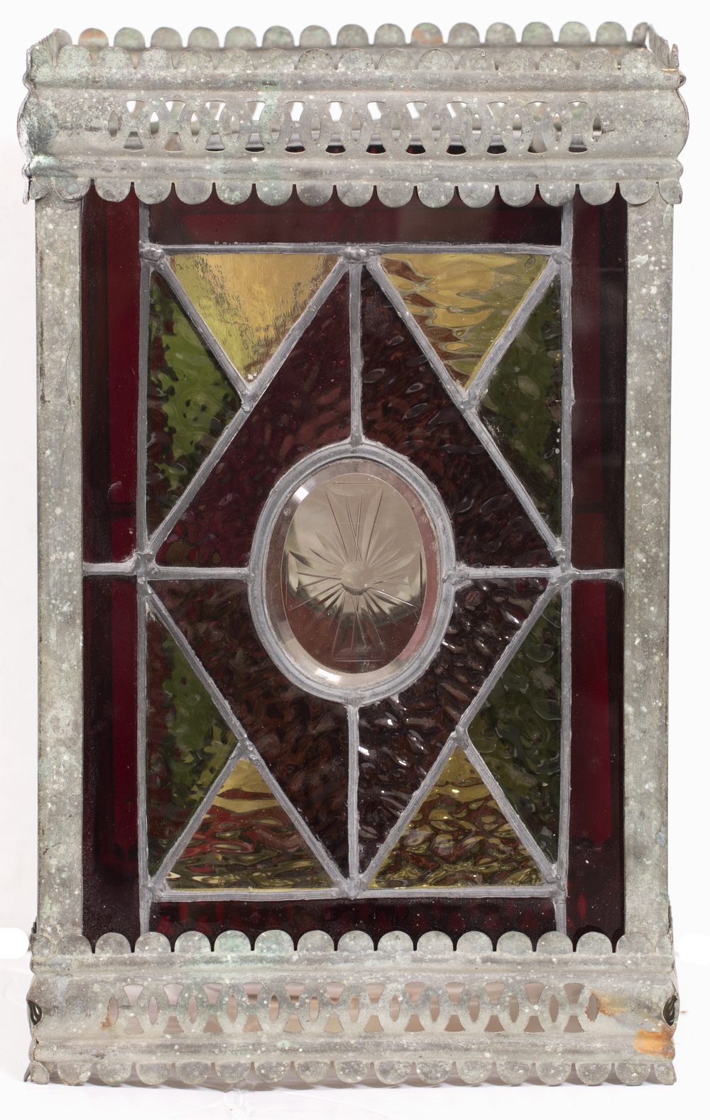 A VICTORIAN LEADED LIGHT SQUARE SECTION BRASS HANGING HALL LANTERN with engraved oval central panels - Image 2 of 3