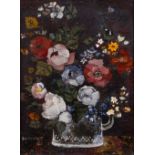 BRENDA KING (20TH CENTURY ENGLISH SCHOOL) 'Flowers in Glass', a still life, oils on board, signed