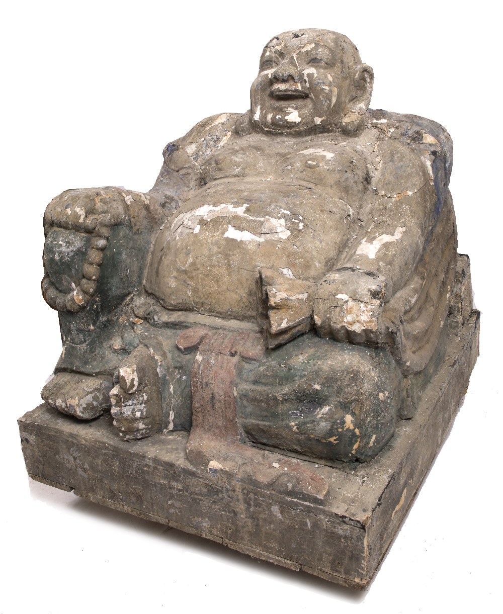 A LARGE CARVED GESSO AND PAINTED SCULPTURE depicting a laughing budda (losses and damages), 105. - Image 2 of 6
