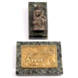 A WHITE METAL CAST FIGURE of a Saint, mounted on a green marble base, as a paperweight, 5cm wide x
