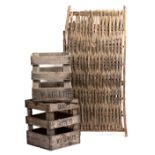 AN OLD APPLE DRYING RACK 130cm long x 61cm wide together with two old cider flagon crates, stamped