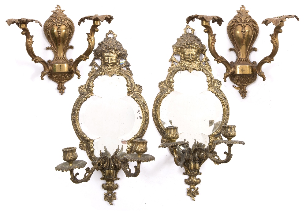 A PAIR OF 20TH CENTURY BRASS METAL MOUNTED WALL SCONCES with bevelled edge mirror plates and two