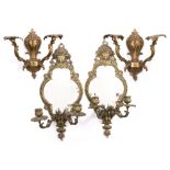 A PAIR OF 20TH CENTURY BRASS METAL MOUNTED WALL SCONCES with bevelled edge mirror plates and two