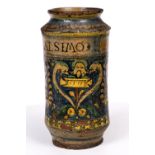 AN ITALIAN RENAISSANCE CYLINDRICAL ALBARELLO OR DRY DRUG JAR c.1600 with foliate classical