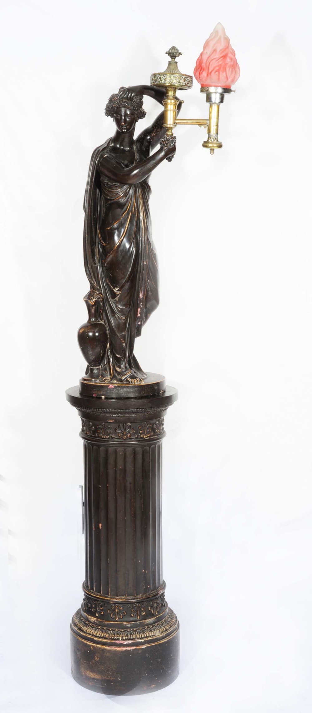 A REGENCY BRONZED PLASTER LAMP in the form of a classical female figure, the brass lamp stamped M.