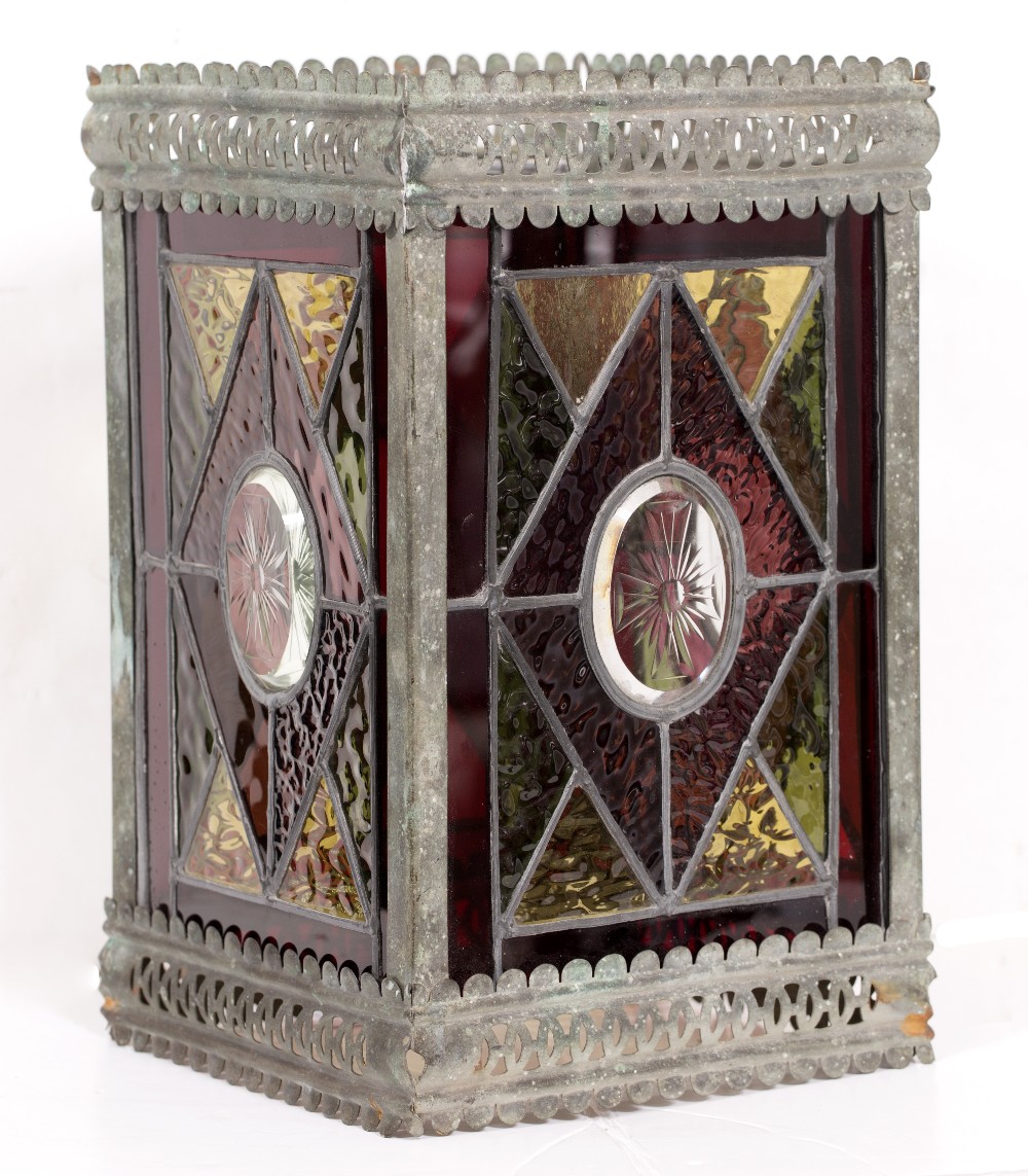 A VICTORIAN LEADED LIGHT SQUARE SECTION BRASS HANGING HALL LANTERN with engraved oval central panels