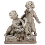 A SMALL SPELTER SCULPTURE OF TWO PUTTI seated on a floral mound 42cm wide x 49cm high (damages)