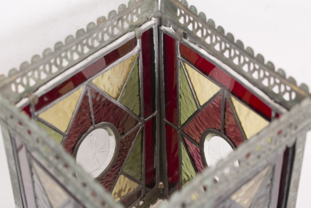 A VICTORIAN LEADED LIGHT SQUARE SECTION BRASS HANGING HALL LANTERN with engraved oval central panels - Image 3 of 3