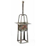 AN ART NOUVEAU HANGING BRASS HALL LANTERN the glazed panels in need of restoration 23cm wide x