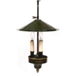 AN EMPIRE STYLE GREEN PAINTED AND PARCEL GILT HANGING LIGHT FITTING with mirrored shade, 31cm