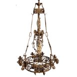 AN EARLY 20TH CENTURY PAINTED WROUGHT IRON HANGING CHANDELIER the central support decorated with