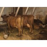 KNUD EDSBERG (1911 - 2003 DANISH SCHOOL) Chicken and cows in a stable, oils on canvas, signed