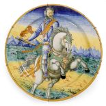 A LARGE ITALIAN 19TH CENTURY MAJOLICA CHARGER decorated in the renaissance style with a cavalier