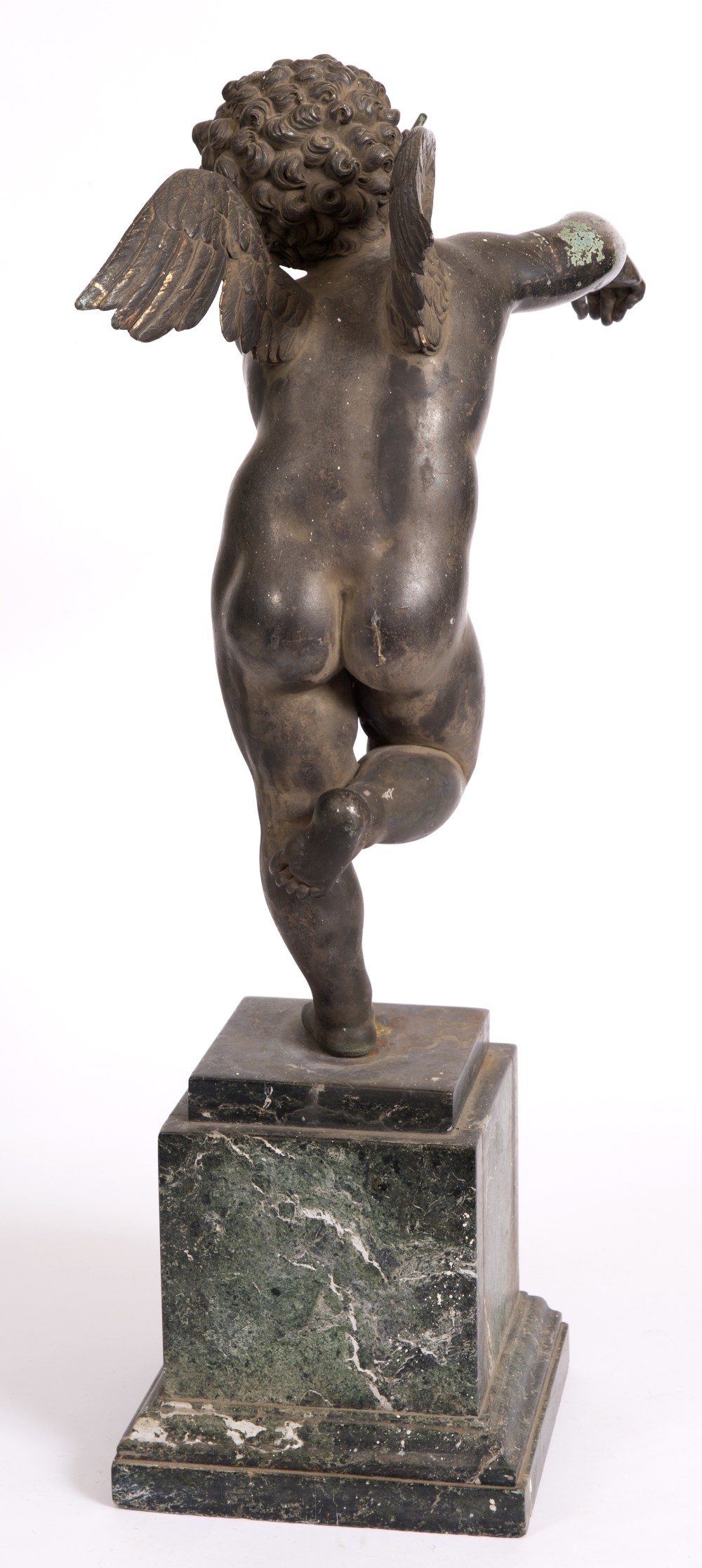 A 19TH CENTURY BRONZE SCULPTURE of Cupid blowing bubbles, mounted on a green marble plinth base 66cm - Image 4 of 7