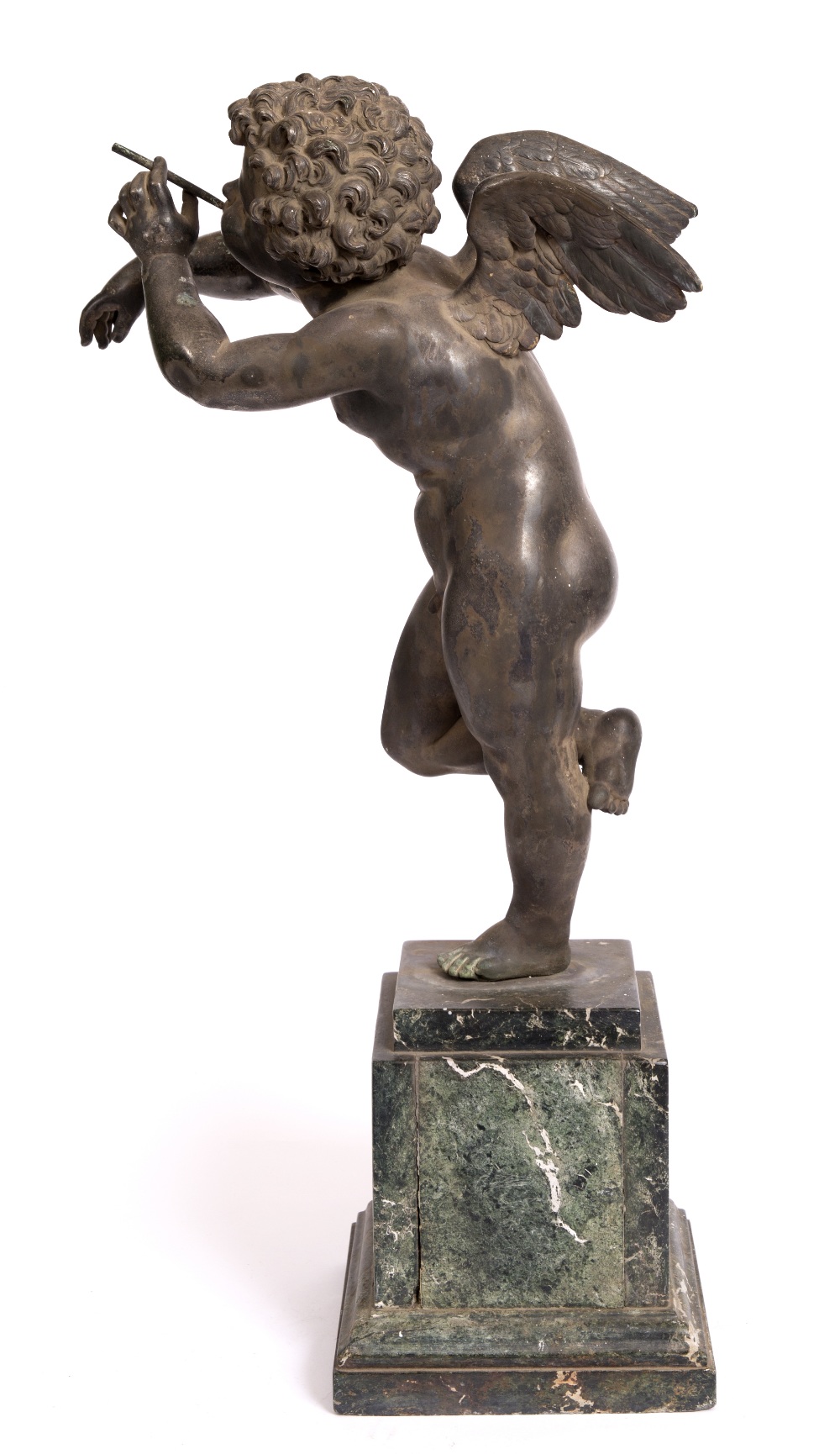 A 19TH CENTURY BRONZE SCULPTURE of Cupid blowing bubbles, mounted on a green marble plinth base 66cm - Image 5 of 7