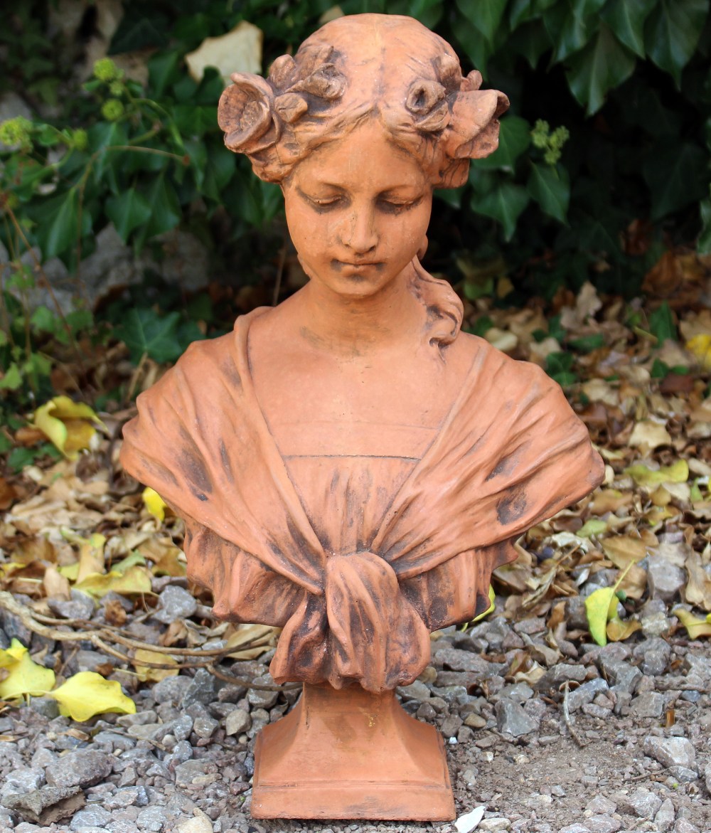 A CAST TERRACOTTA BUST OF AN ART NOUVEAU GIRL with flowers in her hair and on a square plinth - Image 2 of 2