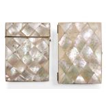 TWO 19TH CENTURY MOTHER OF PEARL CARD CASES with engraved lozenge decoration depicting flowers and