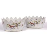 A PAIR OF OVAL PORCELAIN MONTEITHS in the 18th Century style decorated with exotic birds,