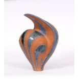 A 20TH CENTURY STUDIO POTTERY ABSTRACT VESSEL with painted stripe decoration, signed indistinctly