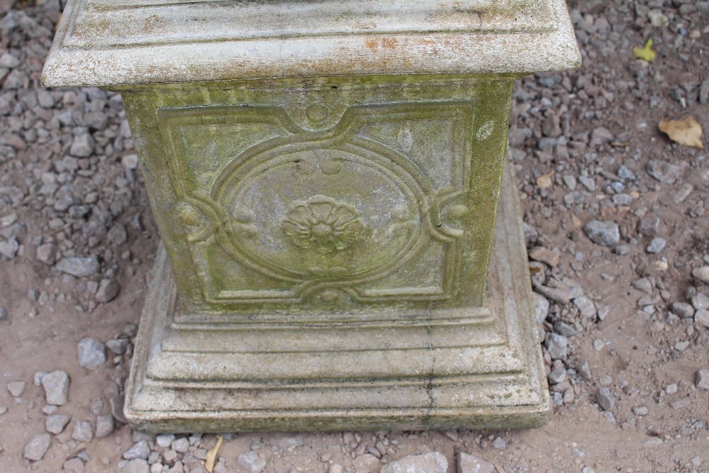 A RECONSTITUTED STONE OF CLASSICAL FORM decorated with masks and floral swags, 53cm diameter x 107cm - Image 3 of 3