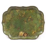 A VICTORIAN GREEN LACQUERED PAPIER MACHE TRAY with serpentine outline, with painted flower and