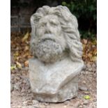 A WEATHER CAST RECONSTITUTED STONE BUST of a bearded man, 46cm high