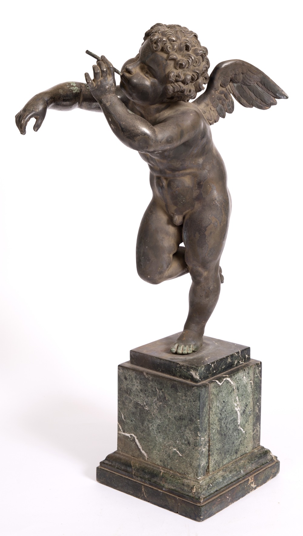 A 19TH CENTURY BRONZE SCULPTURE of Cupid blowing bubbles, mounted on a green marble plinth base 66cm - Image 2 of 7