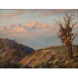 20TH CENTURY SCHOOL Distant view of Mount Everest, oil on board, indistinctly signed lower left,